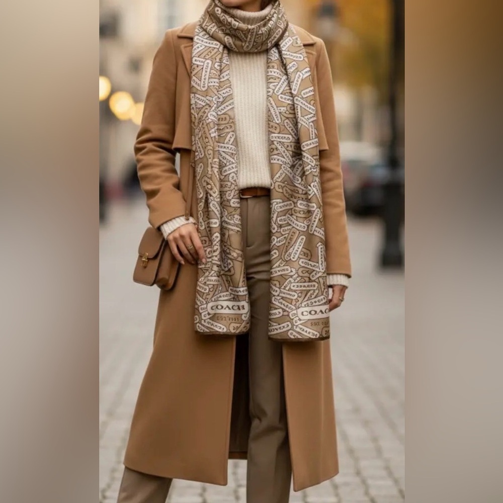 Coach Cream and Brown Logo Silk Scarf - Picture 3 of 6